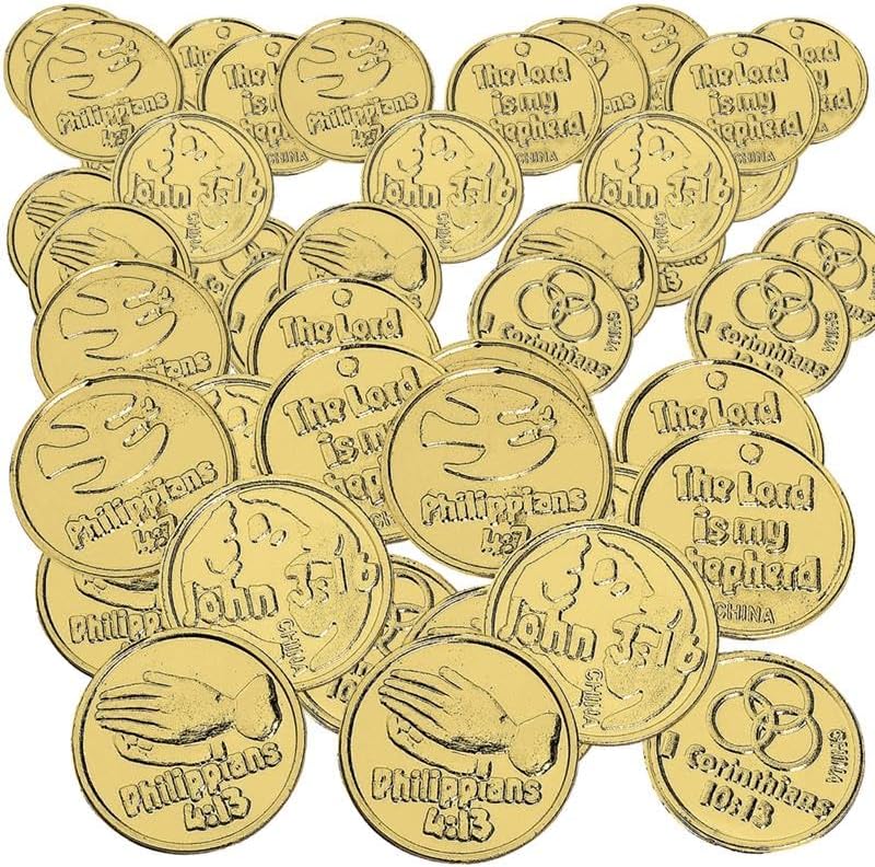 288 - Pack Religious Gold Coins Plastic Scripture Tokens for VBS, Gold Tokens for Sunday School, and Christian Trunk or Treat Prizes - Birthday911