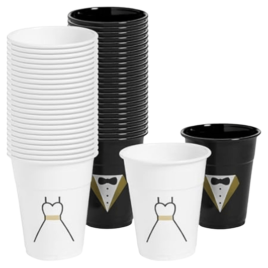 100 - Pack Bride and Groom Wedding Plastic Cups 16oz – Tuxedo and Dress Design – Reusable Cups for Wedding Reception, Engagement Party, Bachelorette, Bachelor Party, Team Bride and Groom - Birthday911