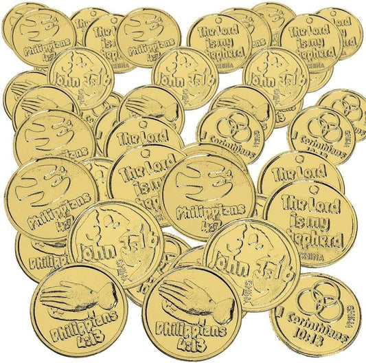 288 - Pack Religious Gold Coins Plastic Scripture Tokens for VBS, Gold Tokens for Sunday School, and Christian Trunk or Treat Prizes - Birthday911