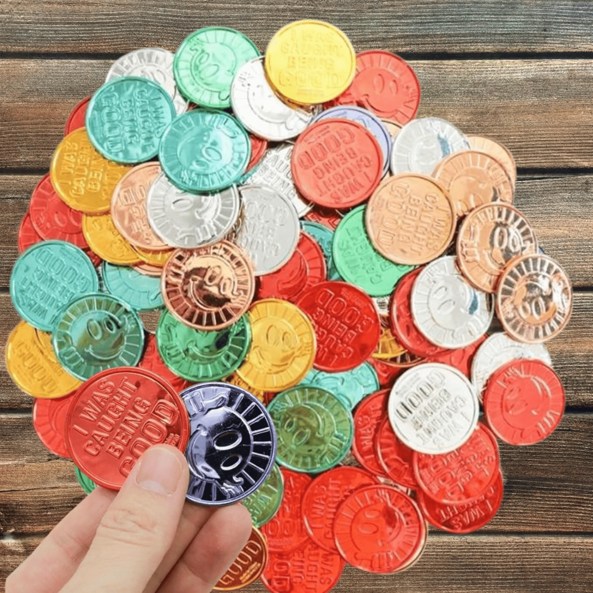 Caught Being Good Coins – 288ct Plastic Tokens for Kids Behavior, Classroom Reward System, Fake Coins for Vending Machine Tokens and Teacher Supplies - Birthday911
